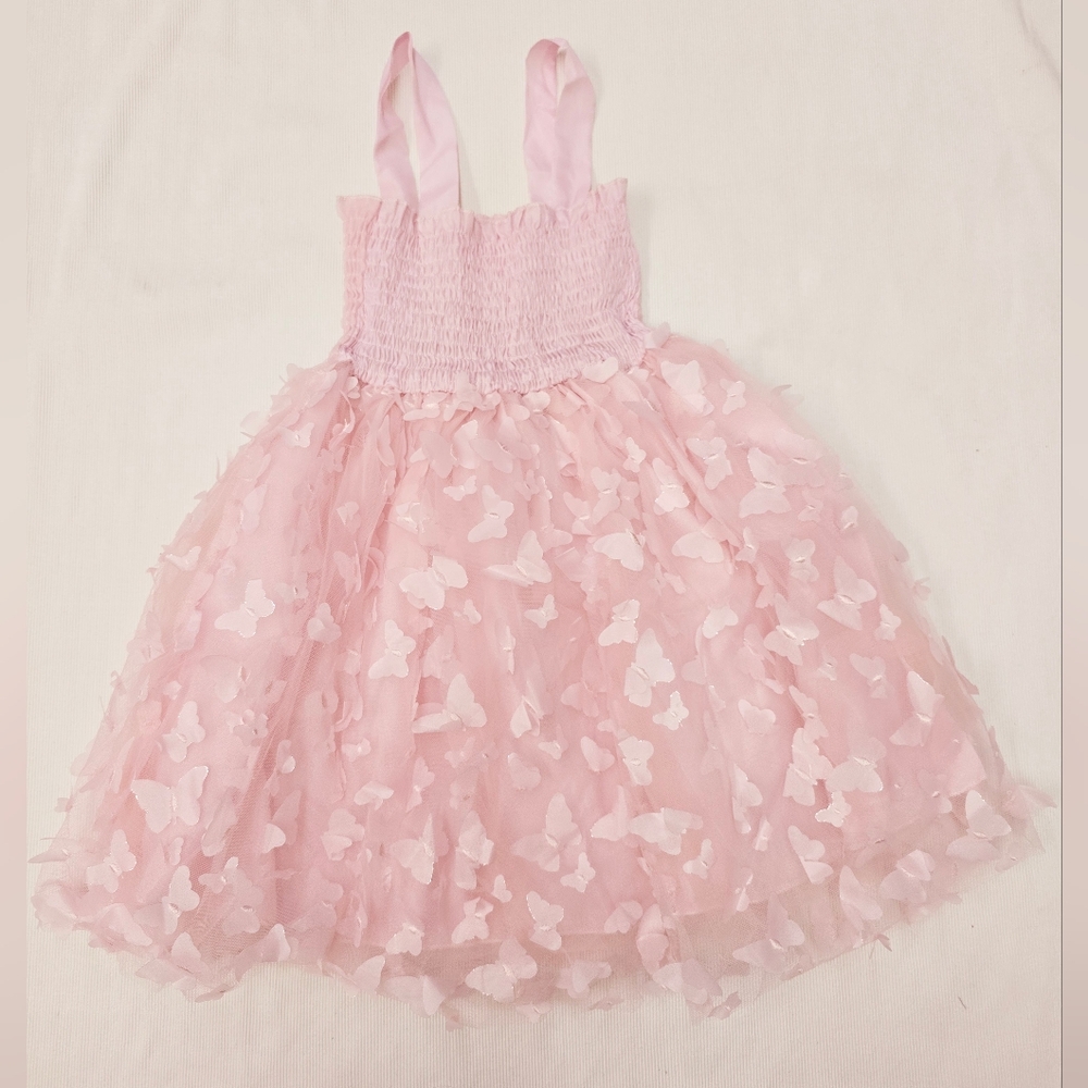 Girls Sleeveless Smocked 3D Butterfly Tulle Dress, Light Pink - (5T) - Picture 4 of 6
